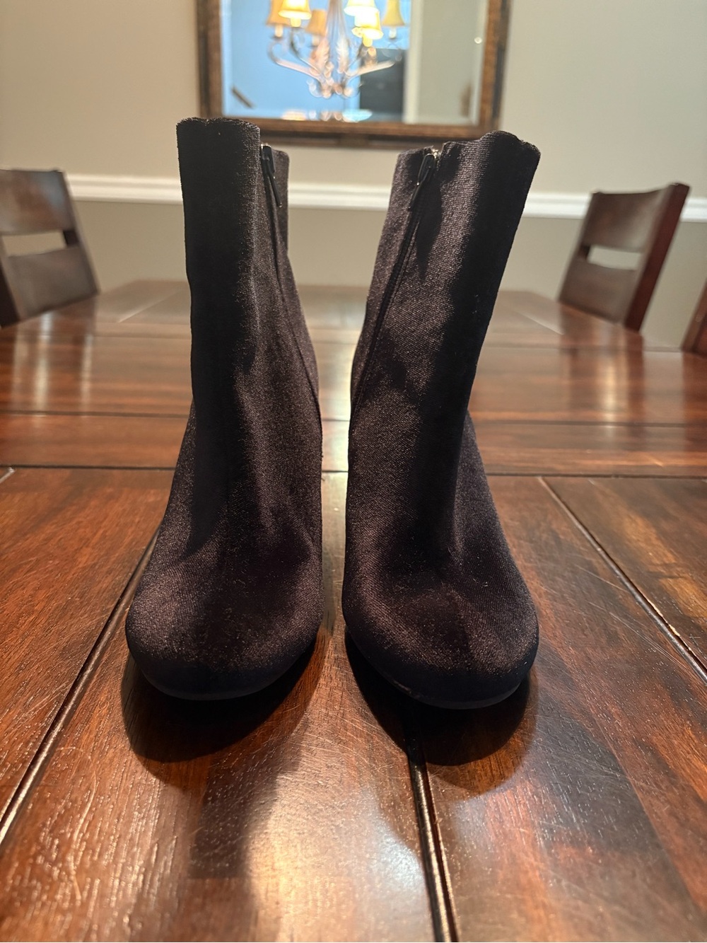 Christian Siriano Black Faux Suede/Velvet Block Heel Ankle Boots, US 7.5